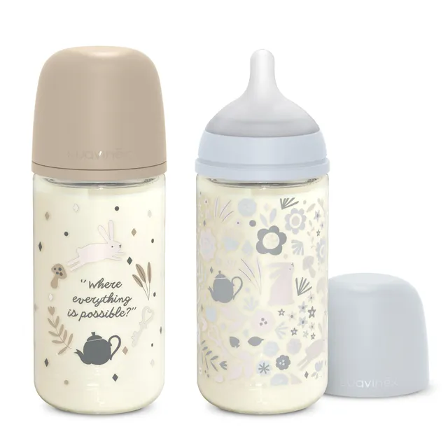 suavinex-pack-2-biberons-en-verre-240-ml-wonderland-bleu-beige-t-tine-sx-pro-sil image 1