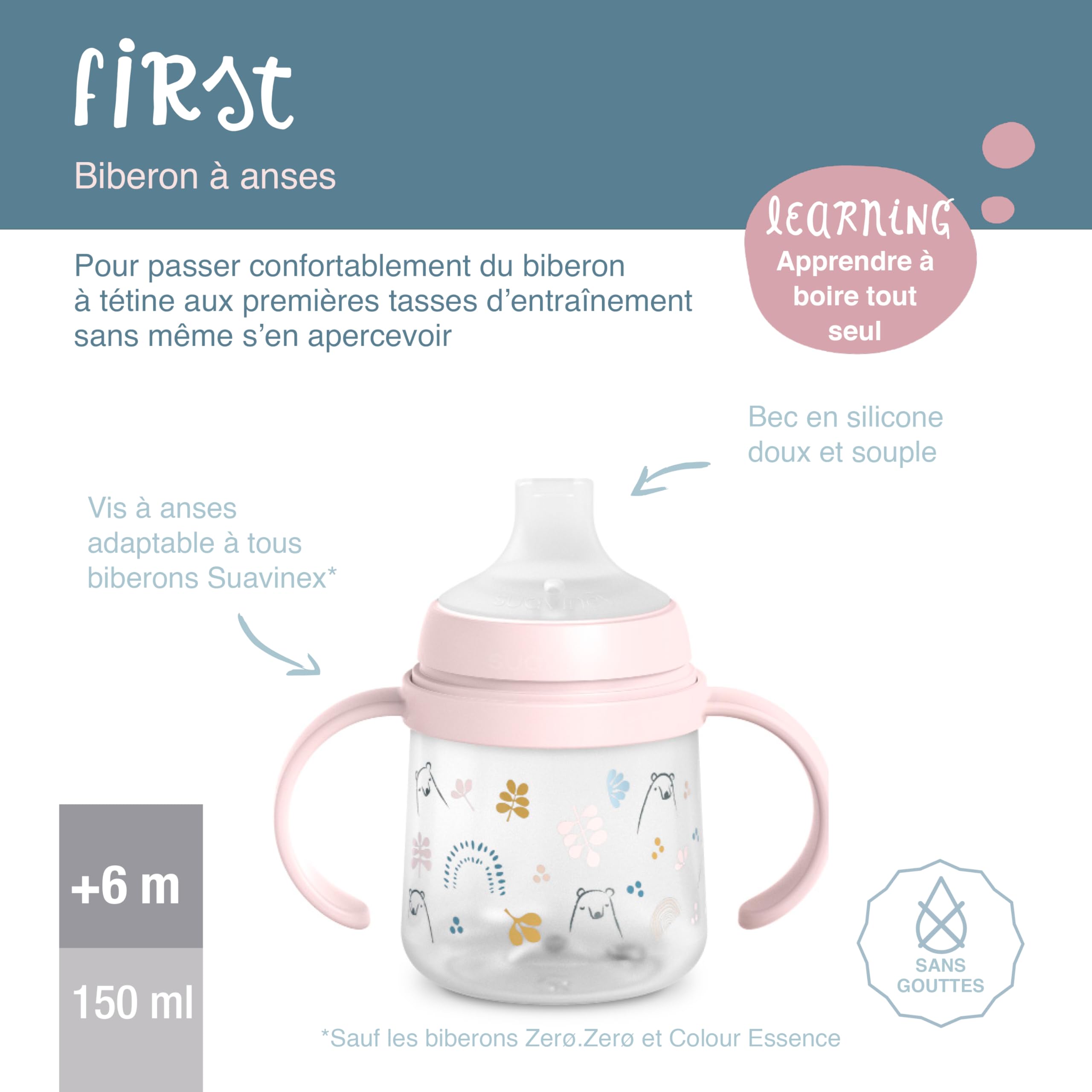 suavinex-biberon-anses-bears-rose-150-ml-tasse-apprentissage-bec-souple-silicone image 4