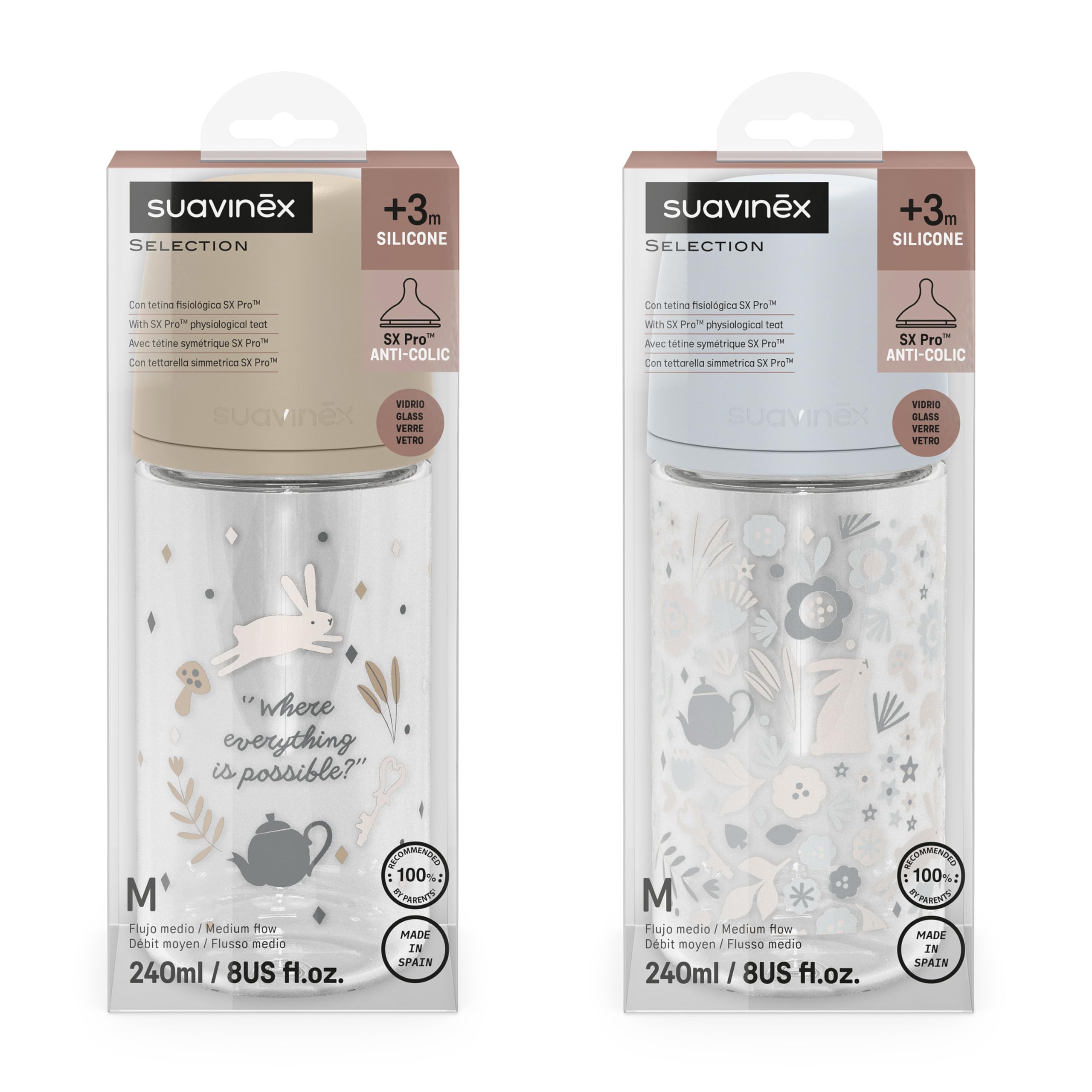 suavinex-pack-2-biberons-en-verre-240-ml-wonderland-bleu-beige-t-tine-sx-pro-sil image 2